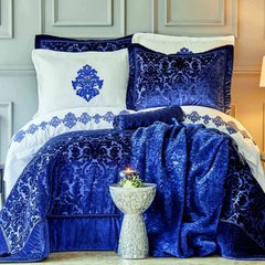 Набір постільна білизна з покривалом + плед Karaca Home - Volante lacivert синій (10 предметів)