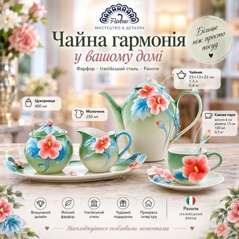 Набор &laquo;Мальва&raquo; Pavone &ndash; сахарница, молочник, чайник и кофейная пара з фарфору, Мультиколор