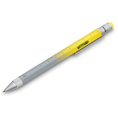Шариковая многозадачная ручка Troika Construction со стилусом, линейкой, отверткой и уровнем, желто-серый